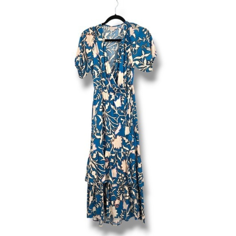 Knox Rose Floral Print Wrap Maxi‎ Dress V Neck Ruffle Hem Bohemian Pockets XS
